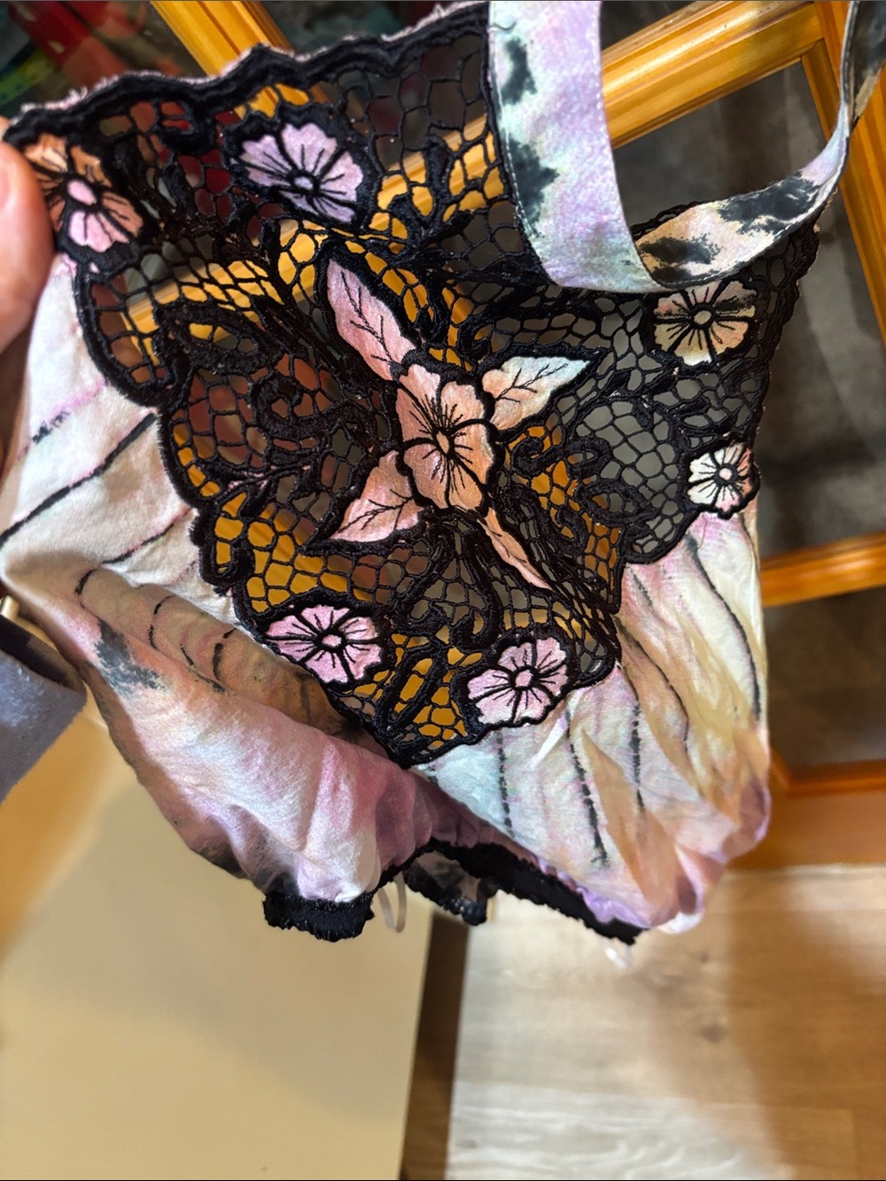 Spell Tie-Dye Pastel halter Top with Black Lace Floral Applique - Picture 3 of 4